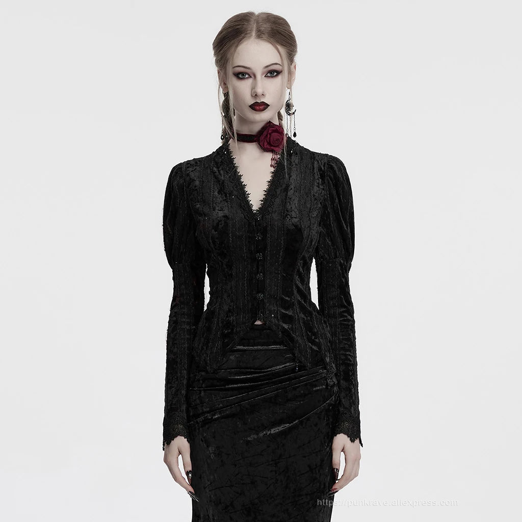 PUNK RAVE Women's Lace Embroidered Velvet Classic Gigot Sleeves Shirt  Retro Layering Adjustable Rope Sexy Slim Tops Coven Couture Collective