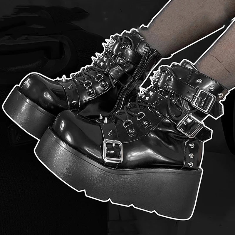 Punk Chunky Platform Ankle Boots Women Spring Autumn Patent Leather Black Boots Woman Metal Buckle Lolita Gothic Shoes Mujer