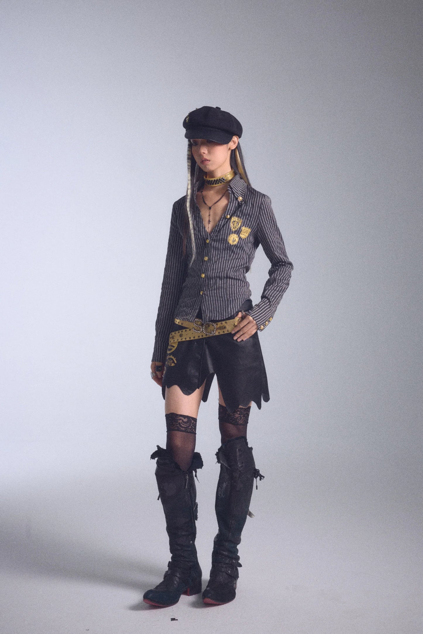 Karrcat Grunge Aesthetics Gold Foil Print Shirt Vintage Y2k V-neck Striped Shirt Trashy 2000s Style Slim Blouses Harajuku Retro