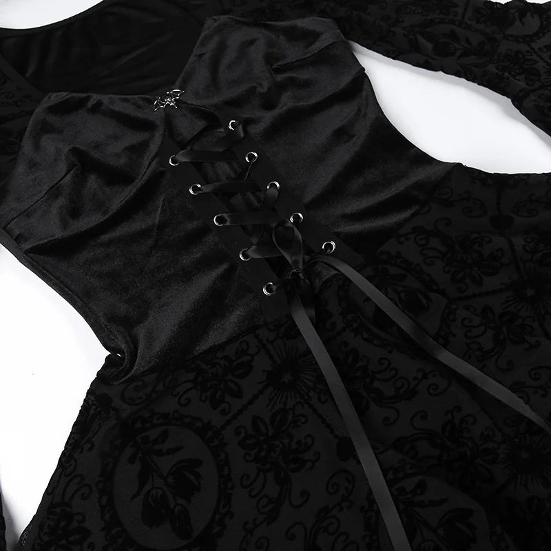 Goth Dark Elegant Vintage Mall Gothic Velvet Dresses Grunge Punk Style Flocked Bandage Dress Women Flare Sleeve Party Alt Outfit