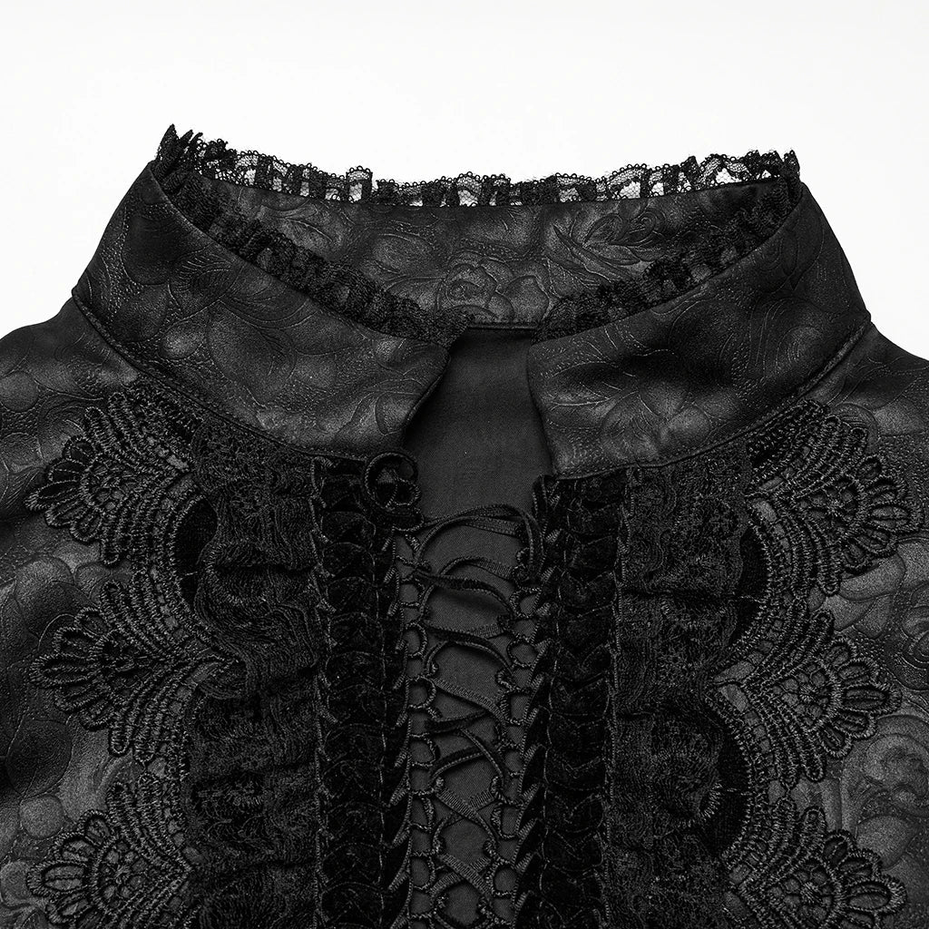 PUNK RAVE Men's Goth Stand Up Collar Dark Rose Patterned Shirt Elegant Lace Front Drawstring Design Exquisite Feeling Tops Coven Couture Collective