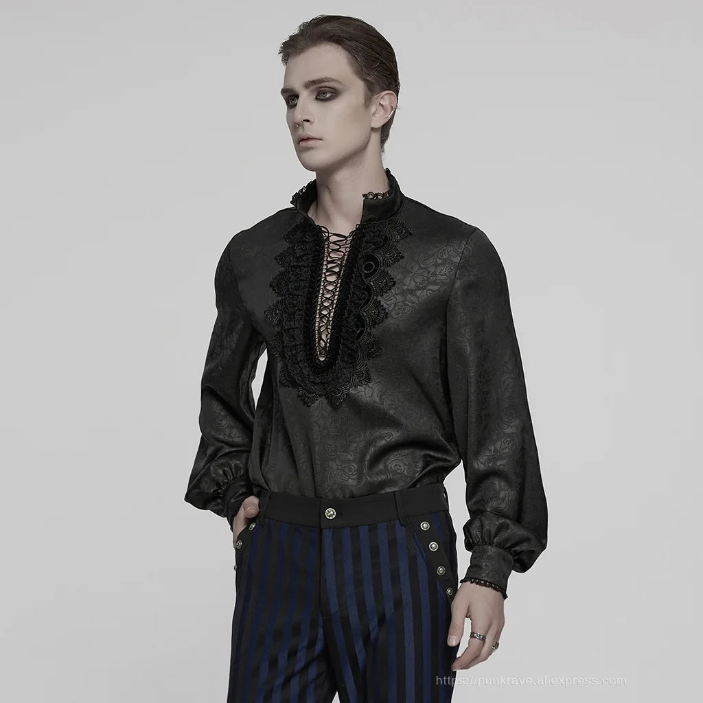 PUNK RAVE Men's Goth Stand Up Collar Dark Rose Patterned Shirt Elegant Lace Front Drawstring Design Exquisite Feeling Tops Coven Couture Collective