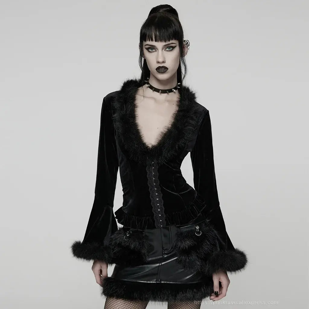 PUNK RAVE Women's Gothic Sunny Velvet Furry V-neck Cardigan Split Flared Sleeves Elegant Charm Women Sexy Dark Tops Shirts Coven Couture Collective