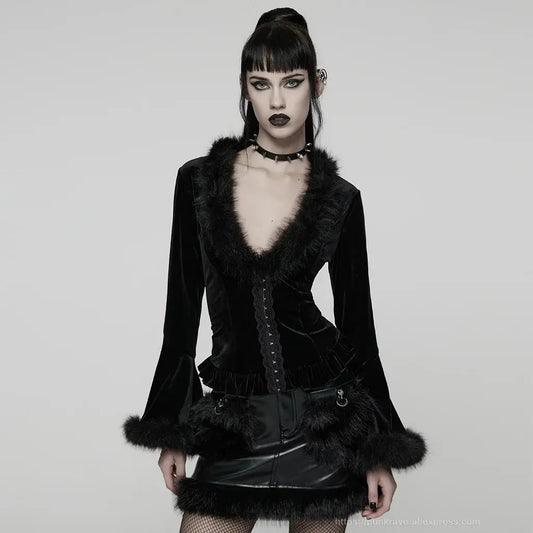 PUNK RAVE Women's Gothic Sunny Velvet Furry V-neck Cardigan Split Flared Sleeves Elegant Charm Women Sexy Dark Tops Shirts Coven Couture Collective