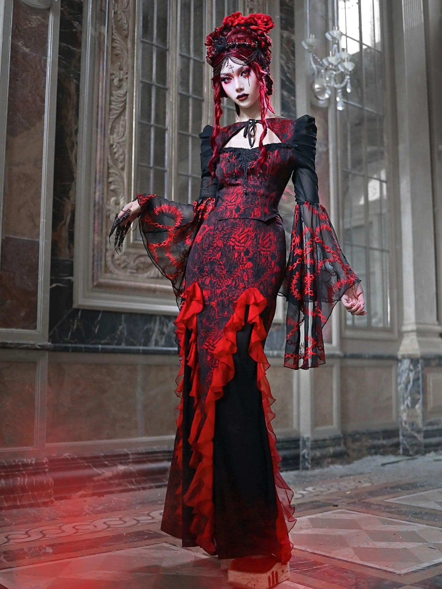 Blood Supply Original Gothic Red Black Rose Embroid Lace Long Flying Sleeve Blouse Hollow Out Halloween Mesh Punk Blusa Summer Coven Couture Collective