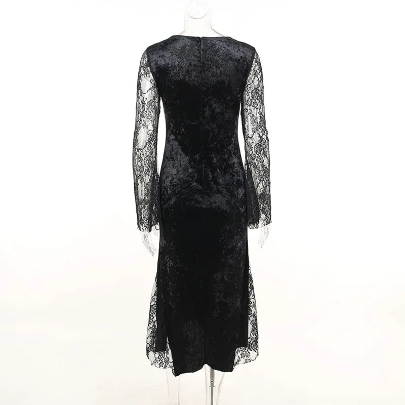 Goth Dark Elegant Mall Gothic Women Evening Dresses Grunge Aesthetic E-girl Velvet Midi Dress Lace Splice Sexy Split Alt Outfits