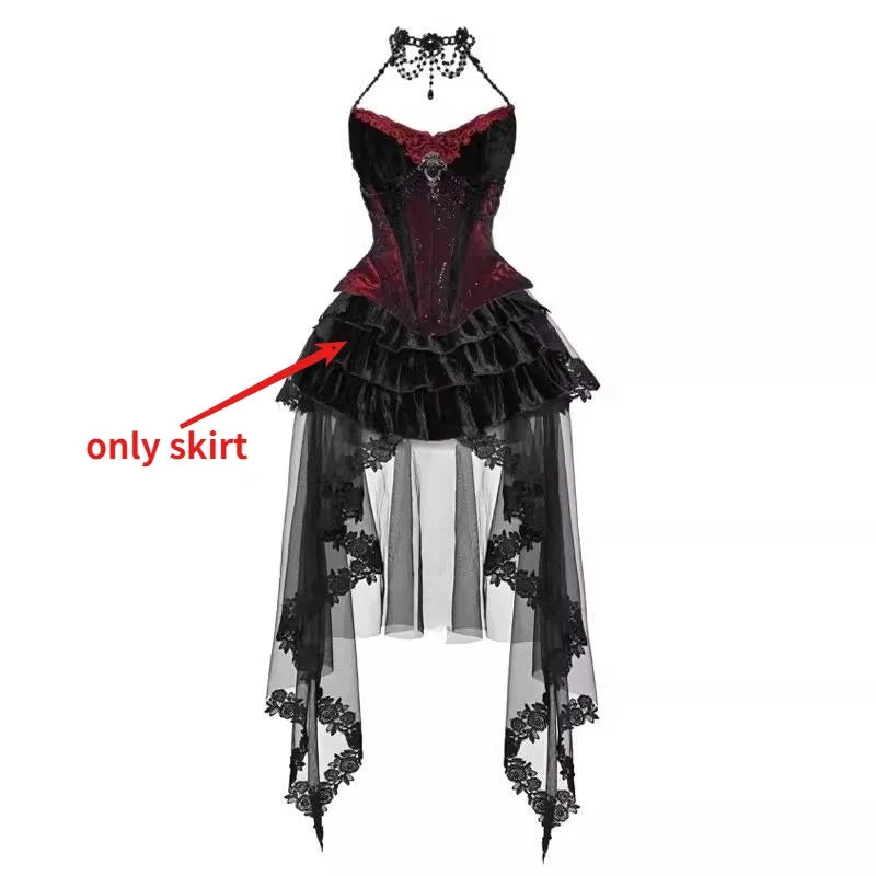 Vintage Gothic Dark Girl Velvet Fishbone Girdle Neck Sling Tanks Top High-waist Slim-fit Tail Skirt Ladies Cos Duchess Outfits