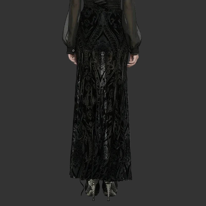 PUNK RAVE Women's Gothic Gorgeous Pattern Patterned Flocked Mesh Skirt Lace Vintage Black Long Skirts Women Clothing Coven Couture Collective