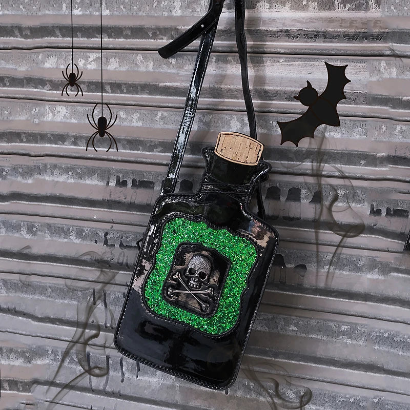 Gothic Kitsch Poison Bottle Shaped Handbag and Purse for Women Dark Lolita Skull Decoration Punk Goth Style Girls Shoulder Bags