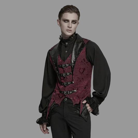 PUNK RAVE Men's Gothic Gorgeous Nobility Jacquard Lapel Textured Leather Vest Bat Shaped Hem Power Sense Waistcoat Coven Couture Collective