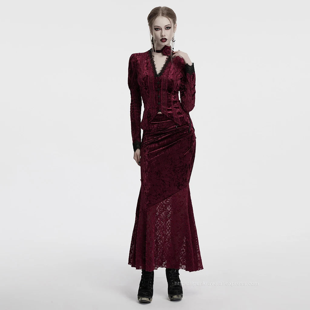 PUNK RAVE Women's Lace Embroidered Velvet Classic Gigot Sleeves Shirt  Retro Layering Adjustable Rope Sexy Slim Tops Coven Couture Collective
