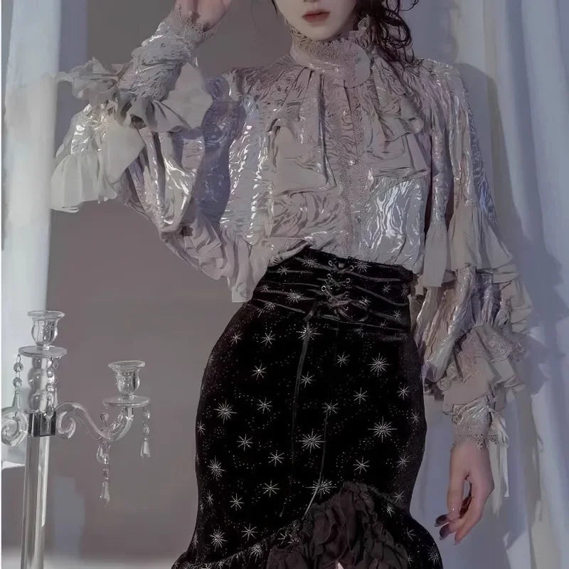 Lolita Gothic Dark Academia Clothes Loose Long Sleeve Shirt Women Stand Collar Ruffles Patchwork Blusas De Mujer