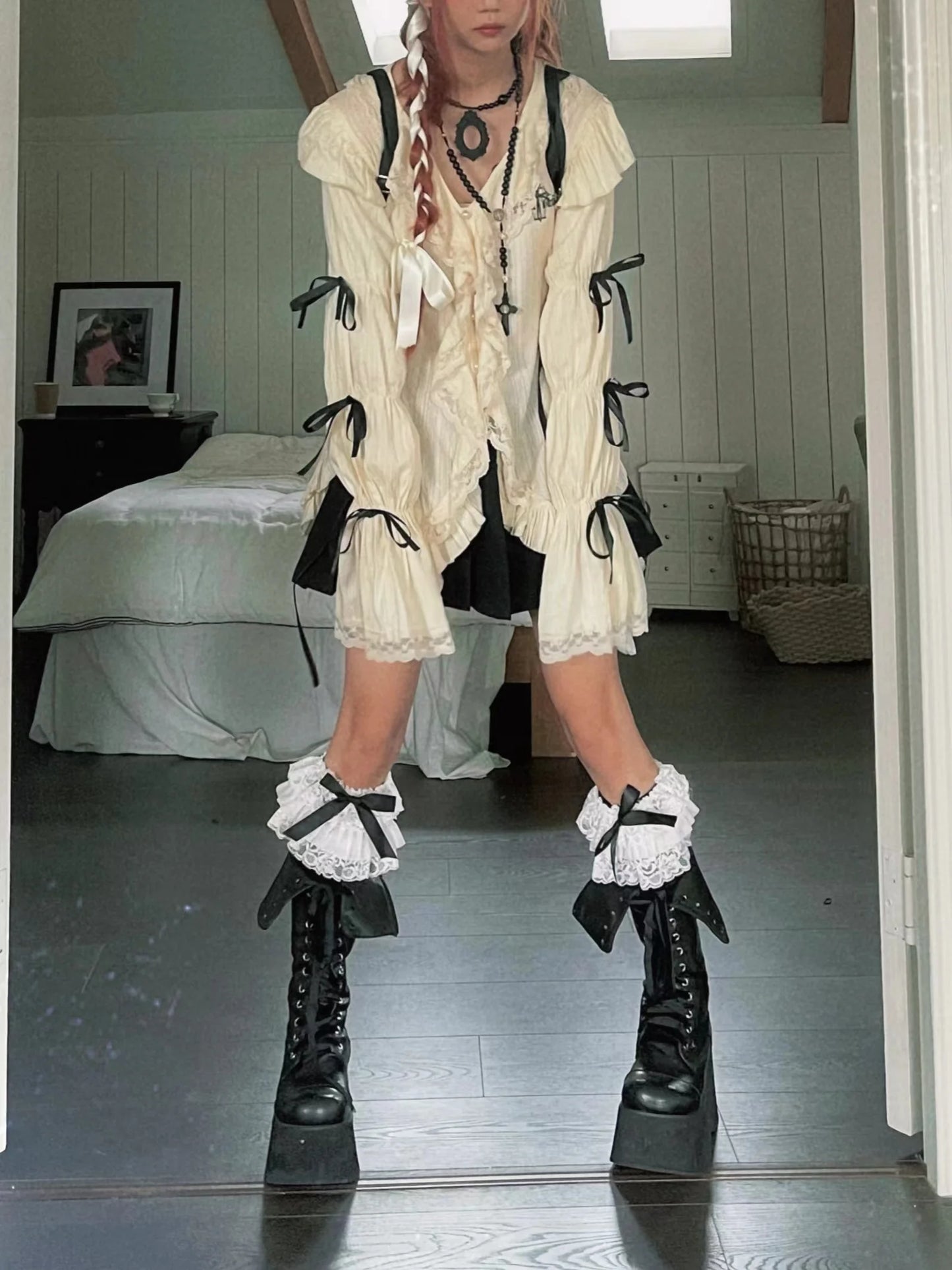 Karrram Y2k Aesthetics Lace Shirt Grunge Gothic Irregular Blouses Fairy Harajuku Bandage Shirt Vintage Lolita Clothes Mall Goth