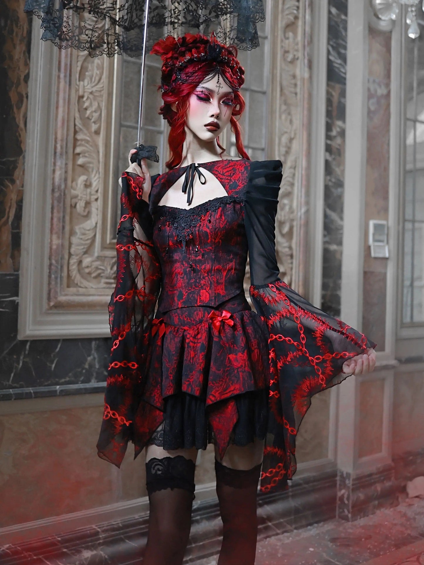 Blood Supply Original Gothic Red Black Rose Embroid Lace Long Flying Sleeve Blouse Hollow Out Halloween Mesh Punk Blusa Summer Coven Couture Collective
