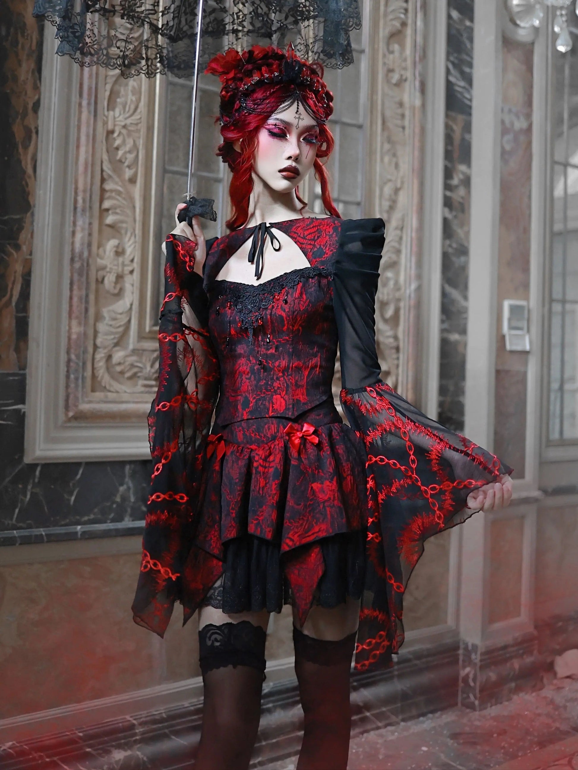 Blood Supply Original Gothic Red Black Rose Embroid Lace Long Flying Sleeve Blouse Hollow Out Halloween Mesh Punk Blusa Summer Coven Couture Collective