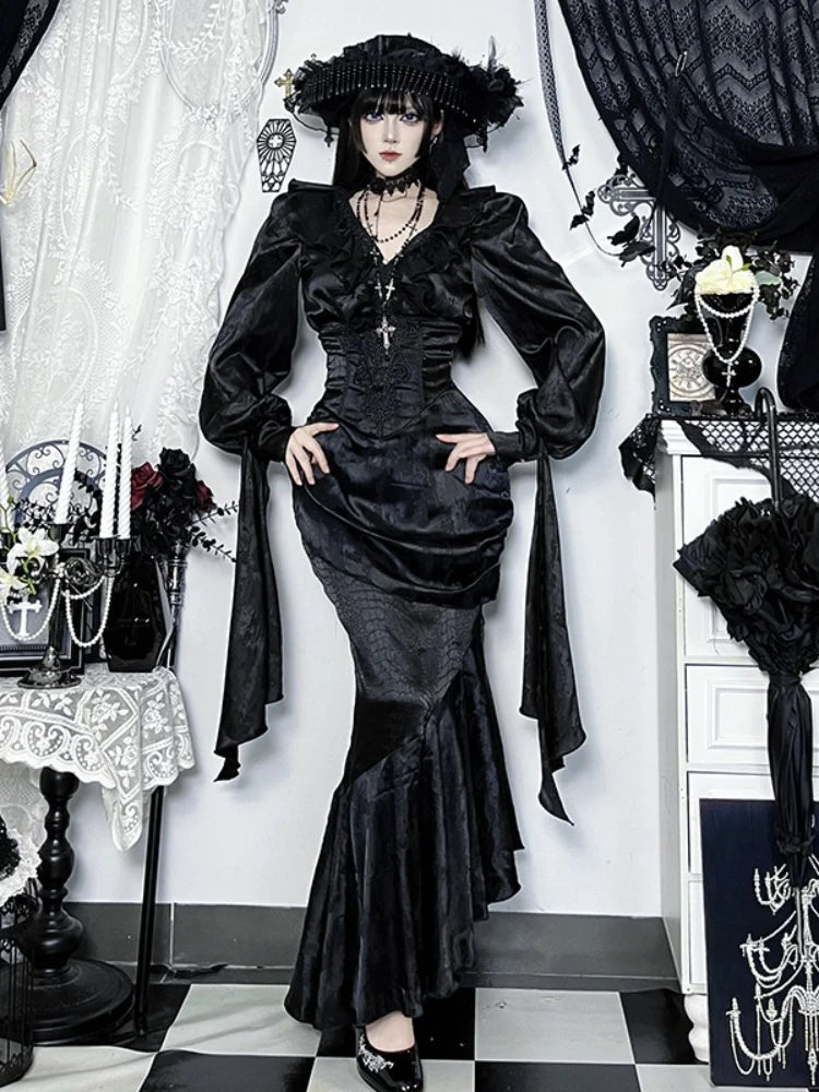 AltGoth Vintage Gothic Black Shirts Women Palace Style Streetwear Y2k E-girl Harajuku V-neck Ruffle Long Sleeve Bluose Cosplay