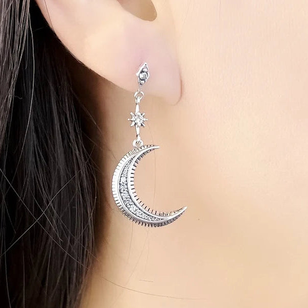 Women's Vintage Sterling Silver 925 Star & Moon Drop Earrings New Zircon