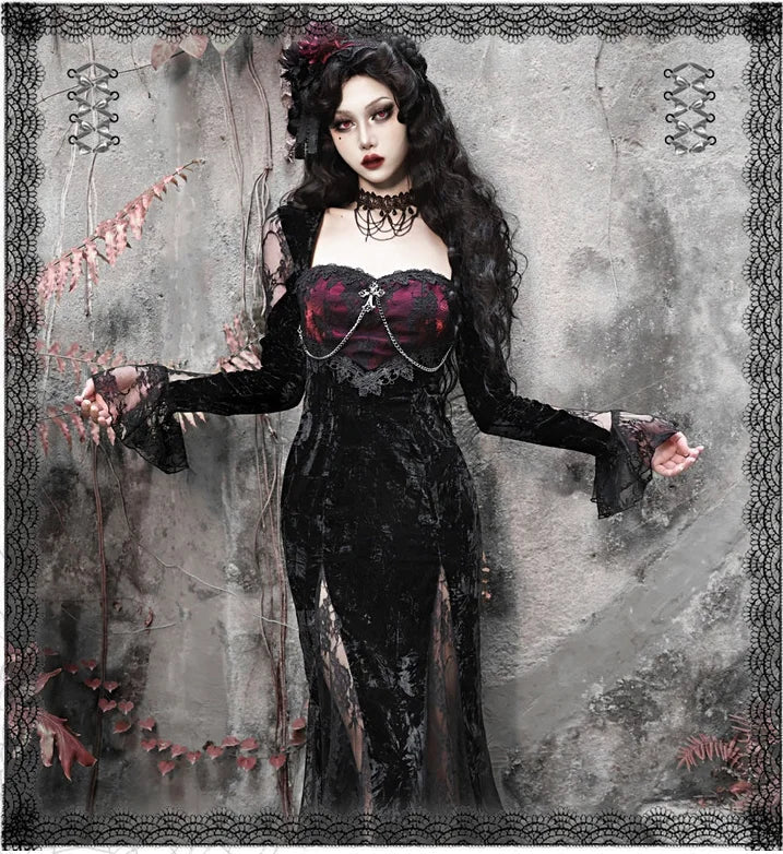 Blood Supply Original Gothic Black Velvet Dress Lace Full Sleeve Square Collar Mesh Red Halloween Slim Velvet Trumpet Dresses Coven Couture Collective