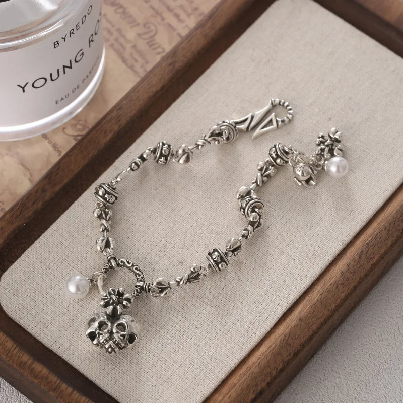 Best Sell Vintage Skull Heads Thai Silver Unisex Punk Rock Charm Bracelet Jewelry For Women Man Halloween Gift Cheap No Fade