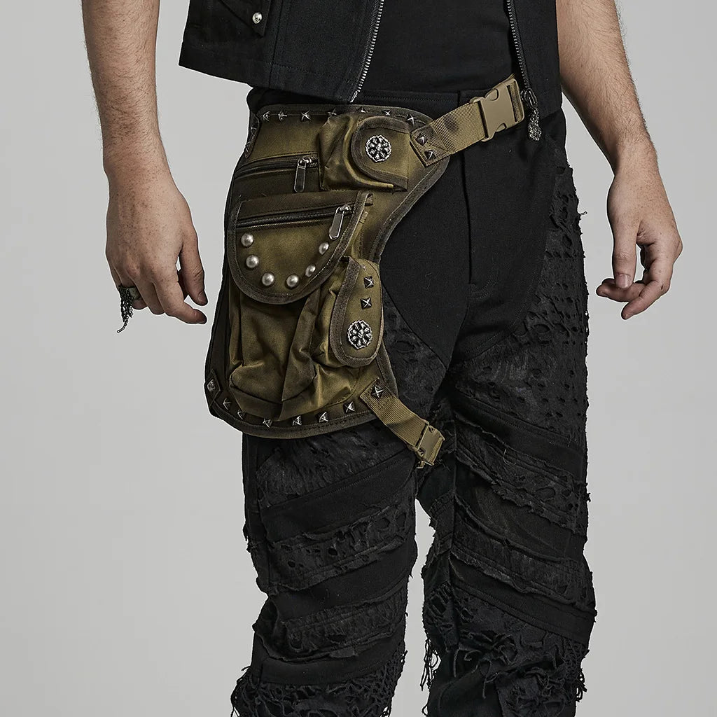 PUNK RAVE Men's Punk Doomsday Irregular Shape Rivets Personalized Bag Webbing Can Adjust Tightness Men Accessories