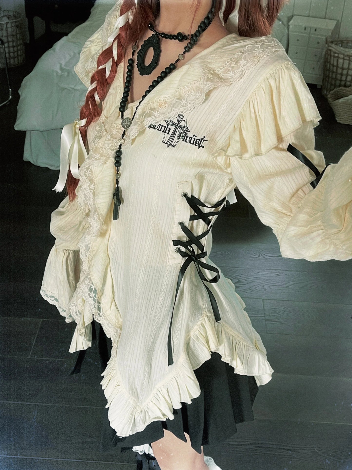 Karrram Y2k Aesthetics Lace Shirt Grunge Gothic Irregular Blouses Fairy Harajuku Bandage Shirt Vintage Lolita Clothes Mall Goth