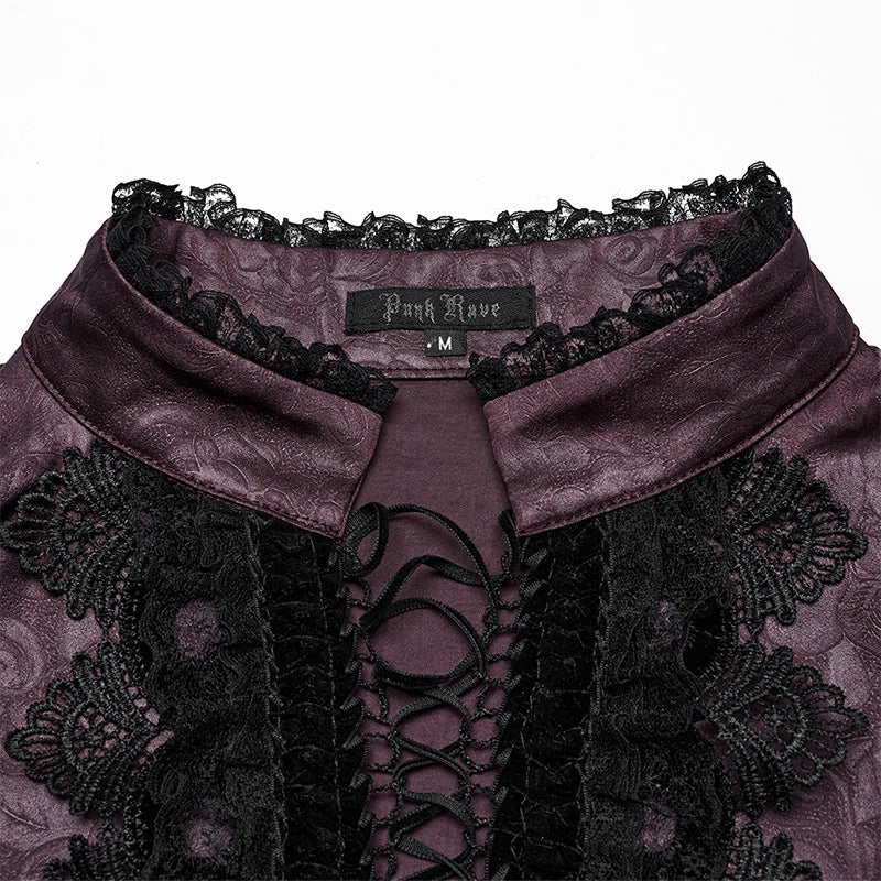 PUNK RAVE Men's Goth Stand Up Collar Dark Rose Patterned Shirt Elegant Lace Front Drawstring Design Exquisite Feeling Tops Coven Couture Collective