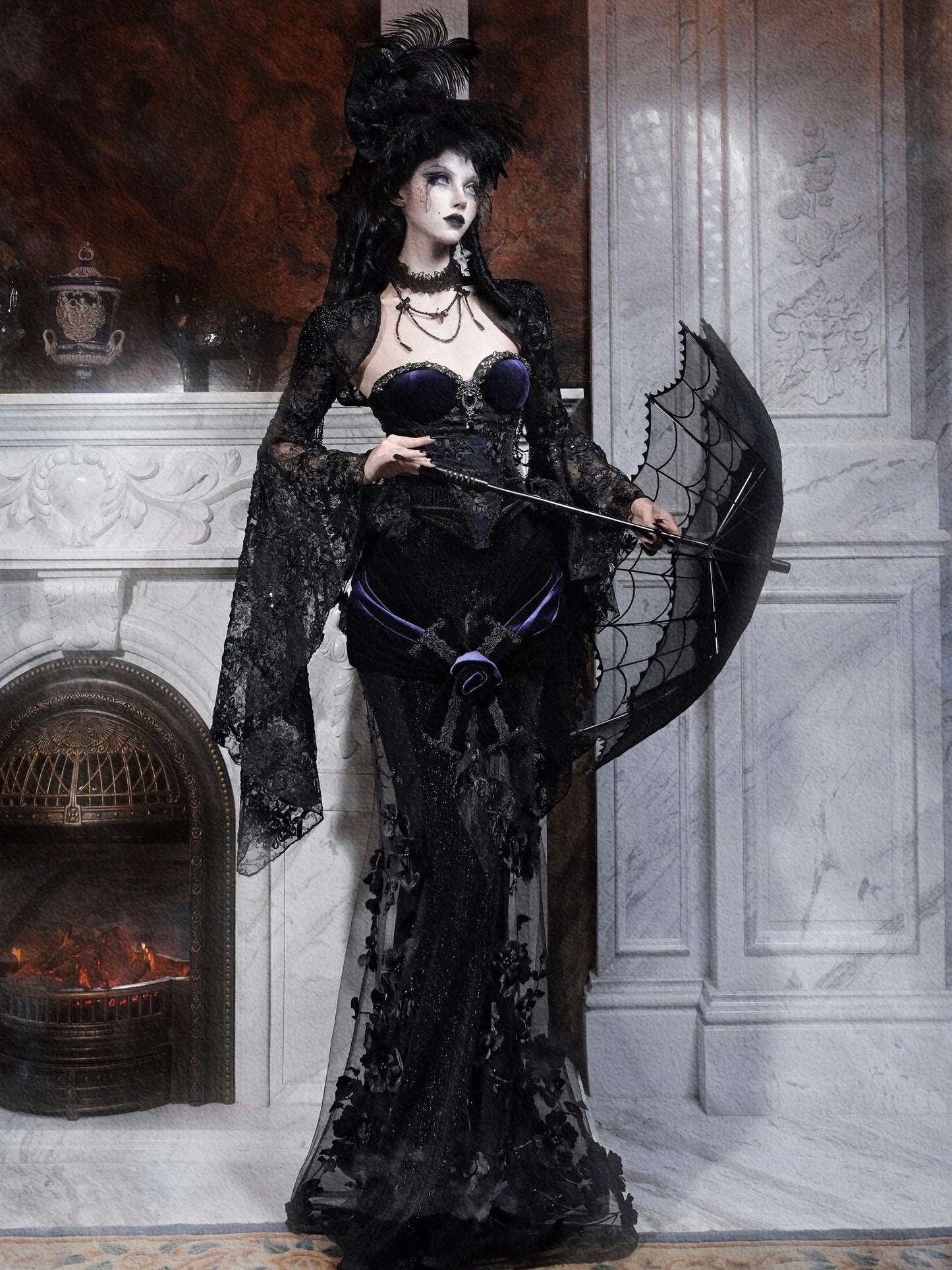 Blood Supply Original Design Death Dark Blue Gothic Shiny Diamonds Beading Velour Jupe Vestido Halloween Luxury Slim Tube Top