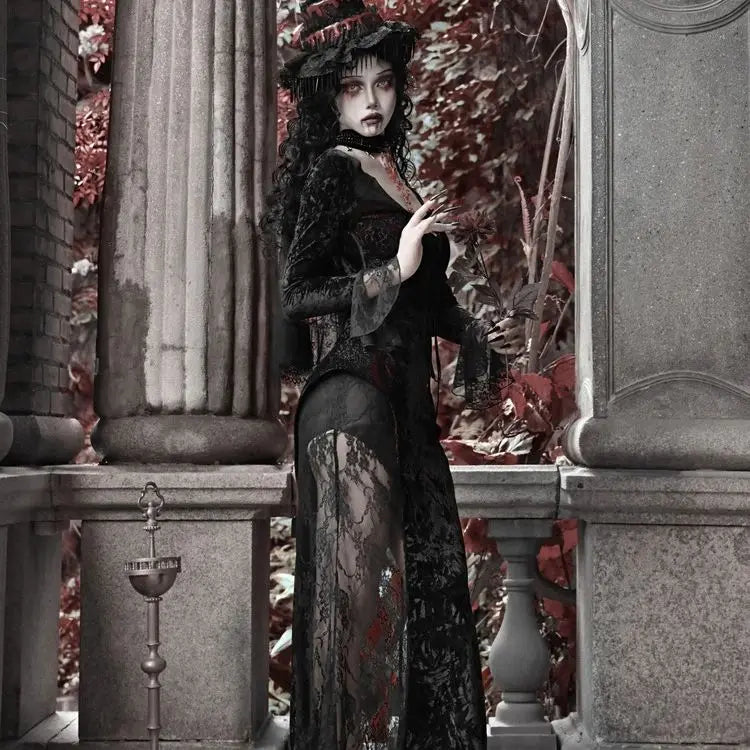 Blood Supply Original Design Vampire Black Red Dress Lace Patch Gothic Velvet Trumpet Long Sleeve X-Long Dress Halloween