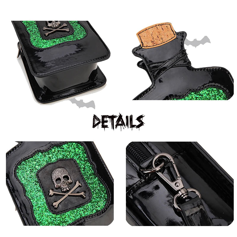 Gothic Kitsch Poison Bottle Shaped Handbag and Purse for Women Dark Lolita Skull Decoration Punk Goth Style Girls Shoulder Bags
