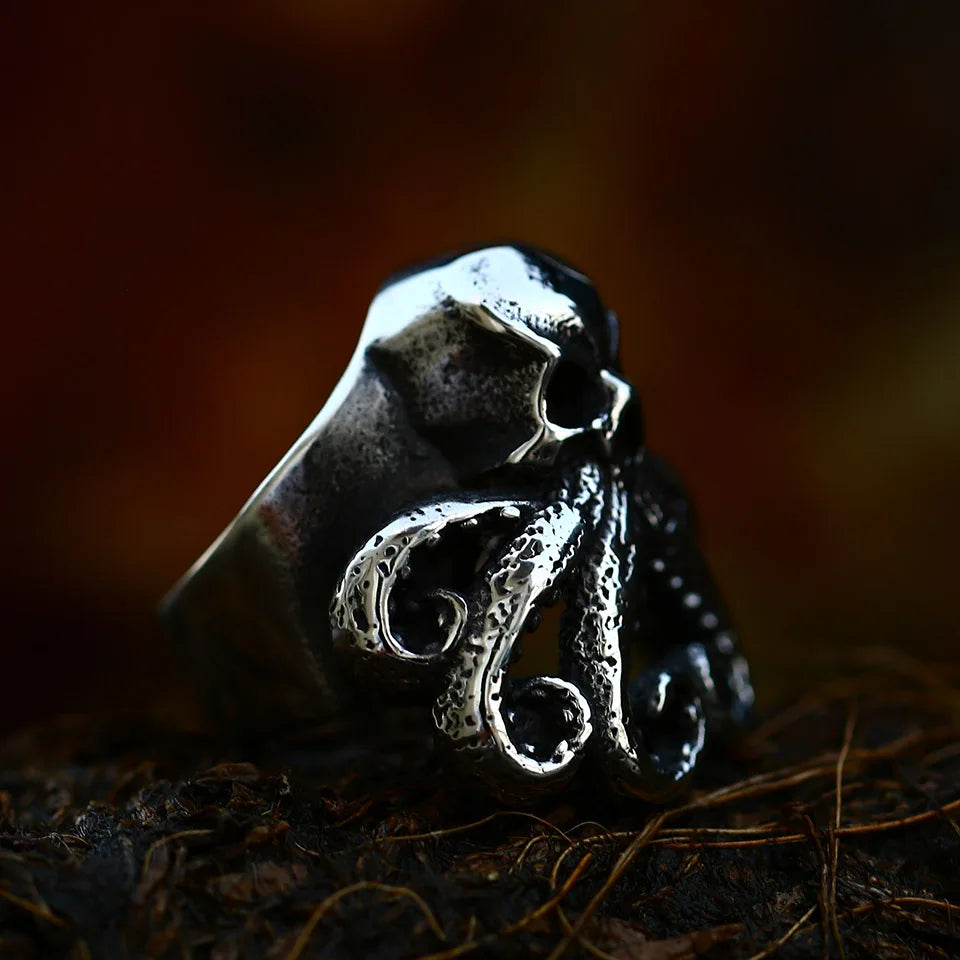 Antique Style Stainless Steel Men's Ring with Skull Octopus Design Gemstone Inlay Retro Punk Gothic Biker Fashion Jewelry