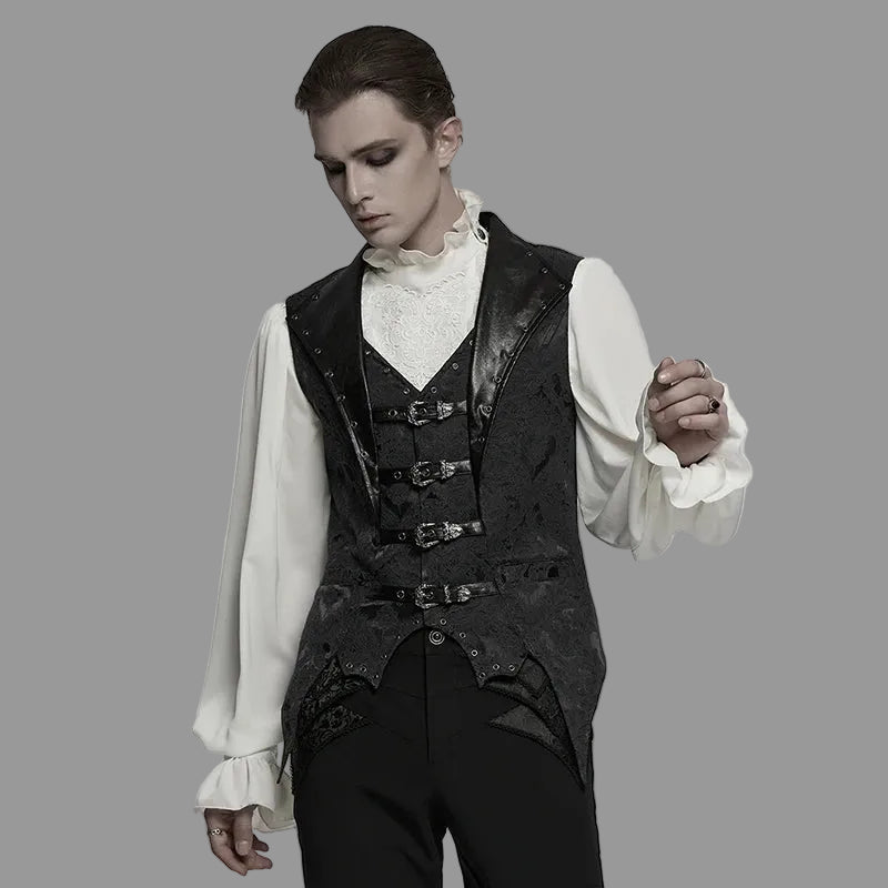 PUNK RAVE Men's Gothic Gorgeous Nobility Jacquard Lapel Textured Leather Vest Bat Shaped Hem Power Sense Waistcoat Coven Couture Collective
