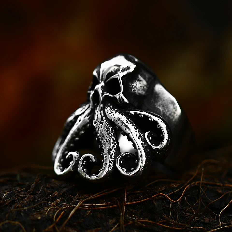 Antique Style Stainless Steel Men's Ring with Skull Octopus Design Gemstone Inlay Retro Punk Gothic Biker Fashion Jewelry