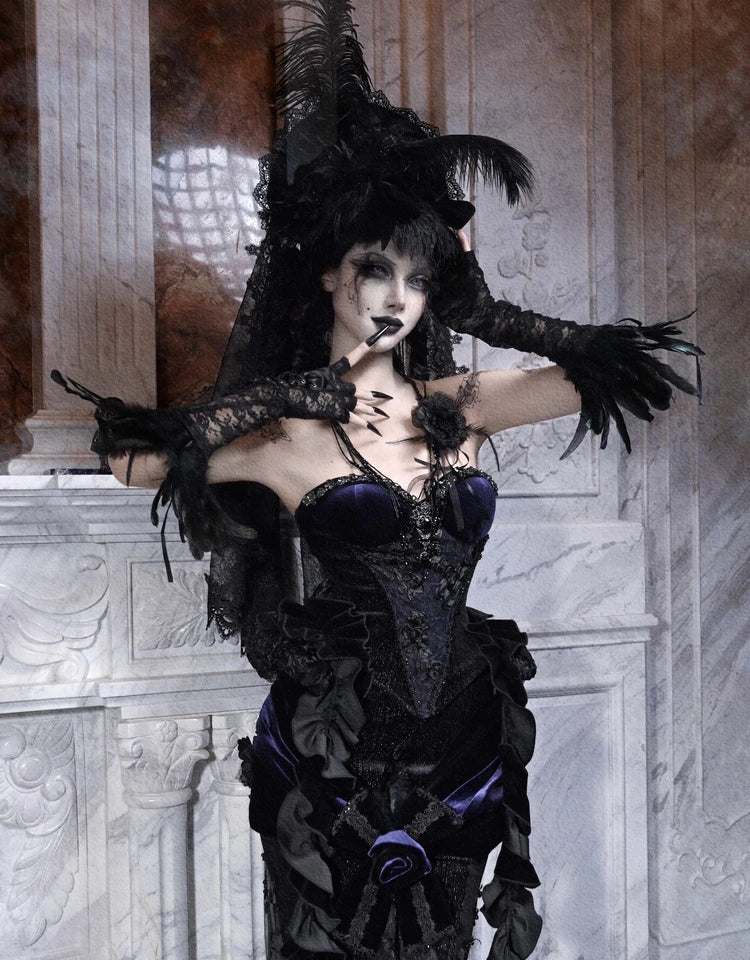 Blood Supply Original Design Death Dark Blue Gothic Shiny Diamonds Beading Velour Jupe Vestido Halloween Luxury Slim Tube Top