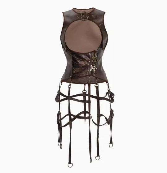Blood Supply Summer Vintage Hollow Out All Match Brown Faux Leather Tank Birdcage Gothic Punk Lace-up Sleeveless Jacket Top