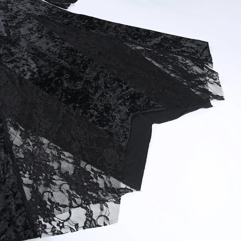 Goth Dark Elegant Mall Gothic Women Evening Dresses Grunge Aesthetic E-girl Velvet Midi Dress Lace Splice Sexy Split Alt Outfits