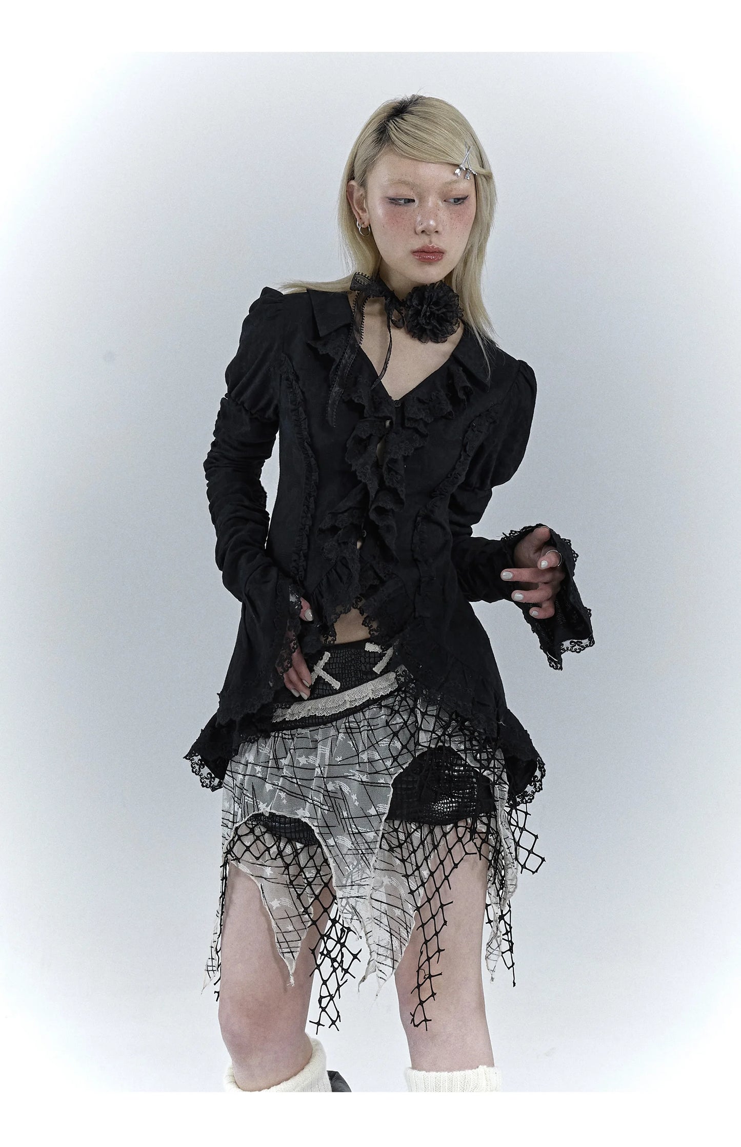 Karrcat Gothic Black Lace Shirt Dark Aesthetic Irregular Blouses Yamamoto Style Grunge Flare Sleeve V-neck Shirt Vintage Y2k Emo