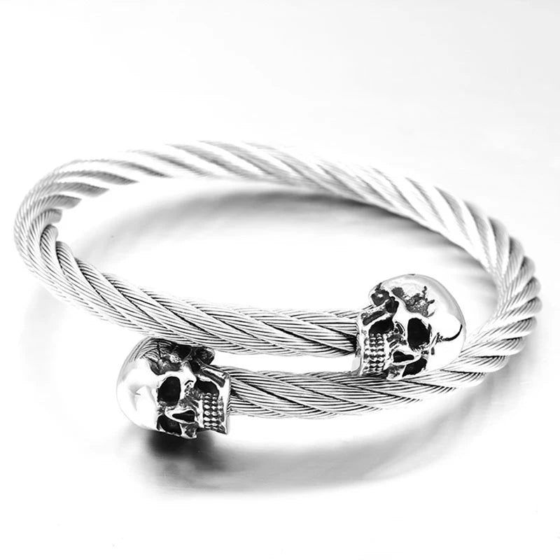 High Quality Stainless Steel Double Skull Bracelet Vintage Men Accessories Skeleton Bangle Fashion Charm Biker Jewelry Wholesale