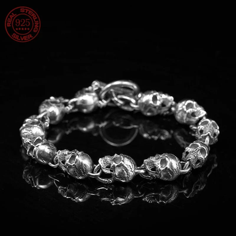 S925 Silver American Garber Style Handmade Skull Motorcycle Hand String Trend Men's and Women's Skeleton Vintage Punk Bracelet