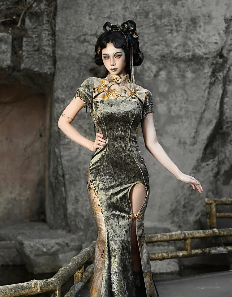 Blood Supply Original New Chinese Cheongsam Slim Dress Tie Tassel Jacquard Tunic Waist Sheath Long Trumpet Dresses Festival