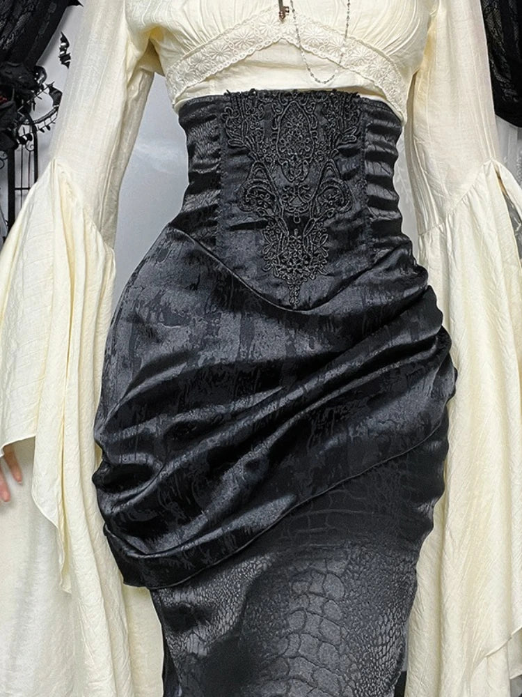 AltGoth Subculture Vintage Gothic Skirt Women Dark Palace Style Y2k E-girl Streetwear Embroidery High Waist Fishtail Skirt Femme