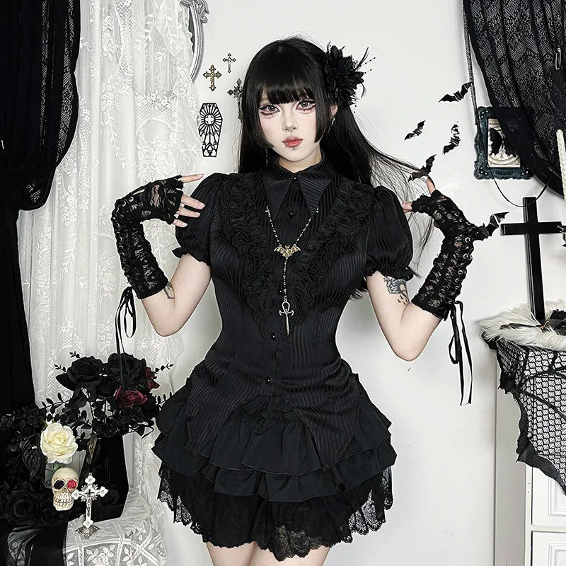 Goth Dark Kawaii Black Short Sleeve Buttons Shirt Lace-up Blouses Mall Gothic Slim Lapel Collar Stripe Shirts Women Alt Techwear
