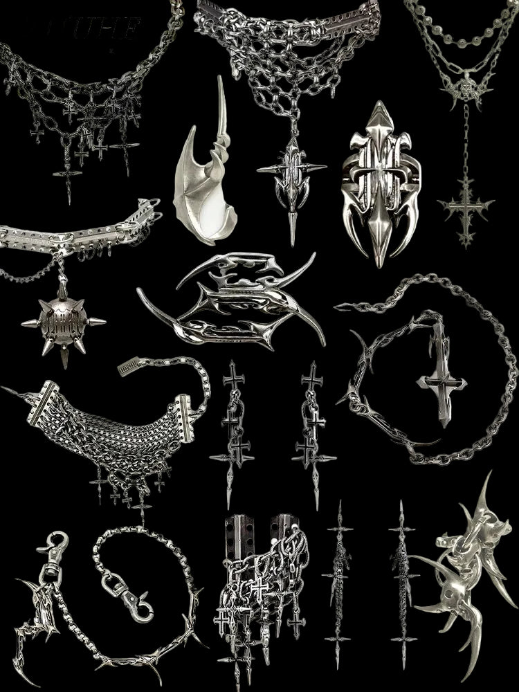 Gothic Cross Chain Jewellery Set for Women Men, Punk Statement Necklaces Rings Accessories, Edgy Party Jewellery Collection