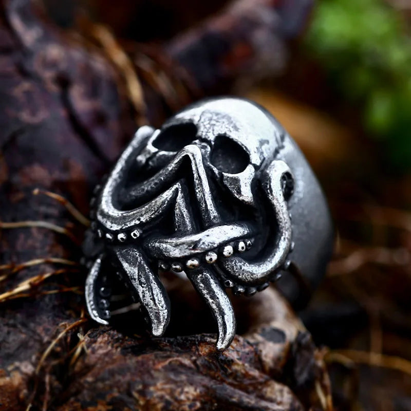 Antique Style Stainless Steel Men's Ring with Skull Octopus Design Gemstone Inlay Retro Punk Gothic Biker Fashion Jewelry