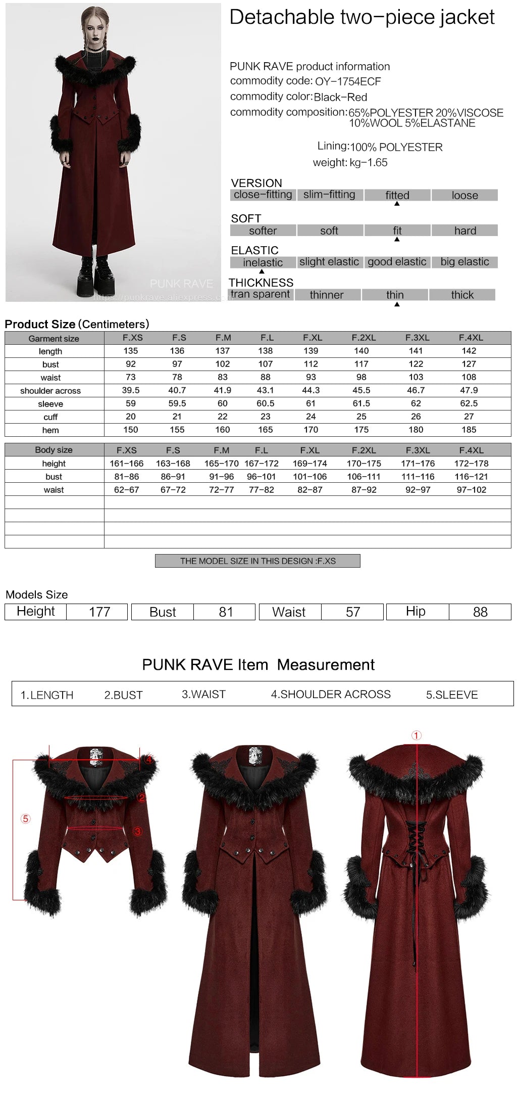 PUNK RAVE Women's Detachable Fur Collar & Hem Two-piece Jacket Gothic Atmosphere Adjustable Waist Long Coat Fall Winter