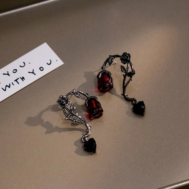 Gothic Red Rose Blossom Earrings Women Punk Halloween Jewellery Creativity Fashion Gorgeous Statement Jewelry Girl Gifts